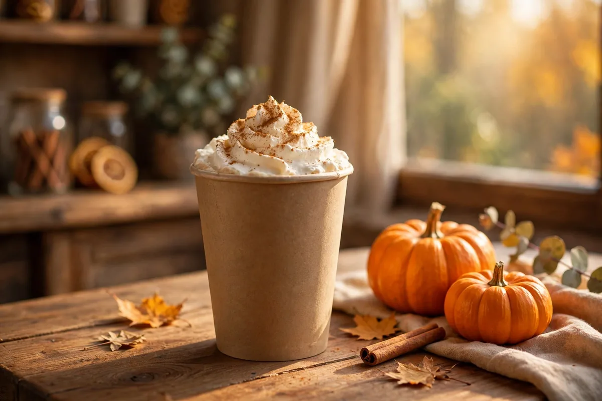 Pumpkin spice latte with whipped cream and cinnamon beside small pumpkins in autumn light