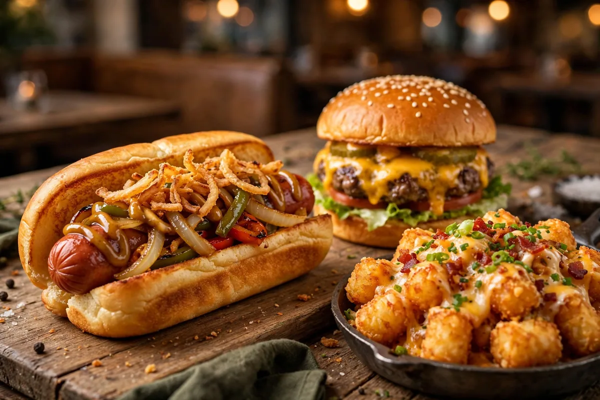 Dog Haus secret menu items: hot dog, burger and loaded tots