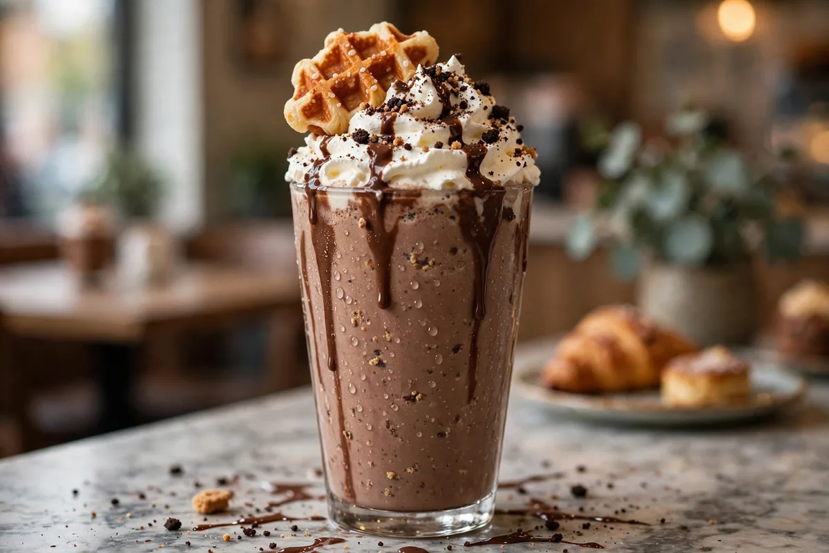 Dolly Llama menu milkshake topped with mini waffle and whipped cream