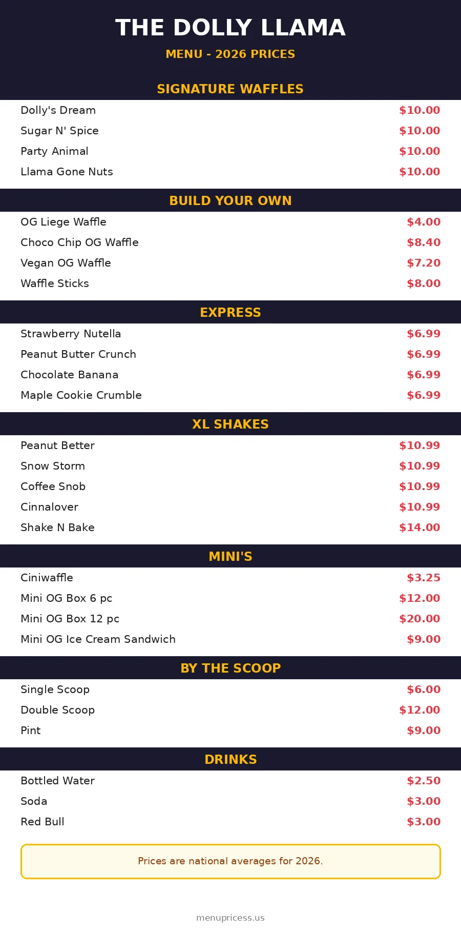 The Dolly Llama menu card with 2026 prices