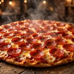 Large Donatos pizza with pepperoni edge to edge on a wooden pizzeria table