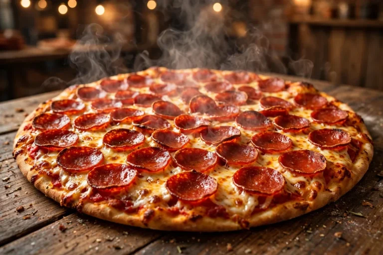 Large Donatos pizza with pepperoni edge to edge on a wooden pizzeria table