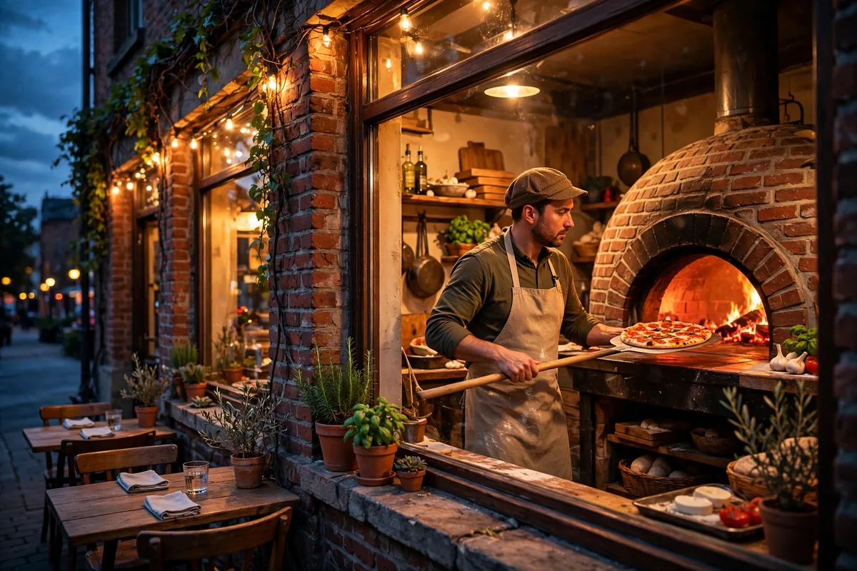 Donatos Pizza restaurant storefront glowing warm at dusk