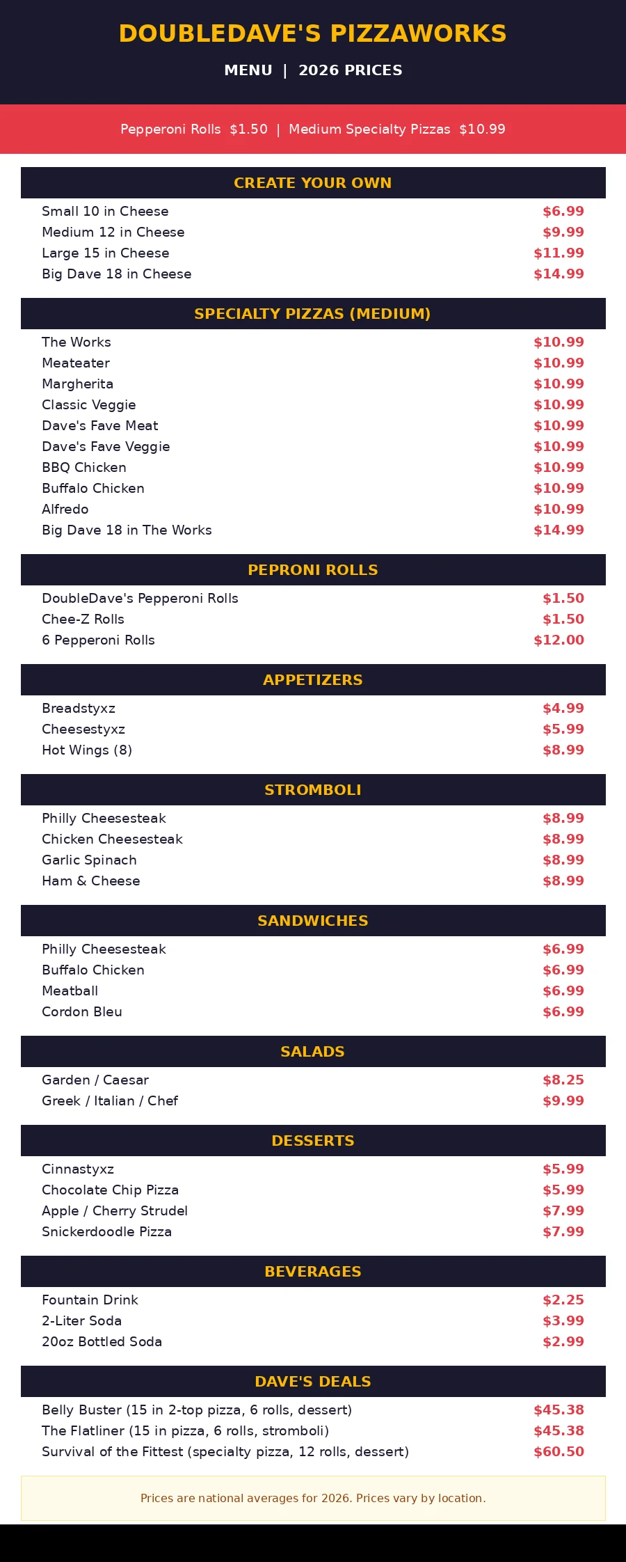 DoubleDave's Pizzaworks menu prices 2026 card