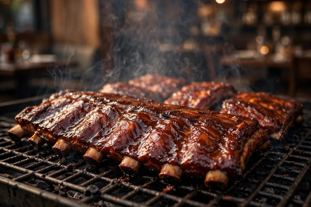 Dreamland BBQ menu prices - smoked ribs on the grill with hickory smoke