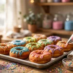 Duck Donuts calories: fresh cake donuts being decorated in a Duck Donuts shop