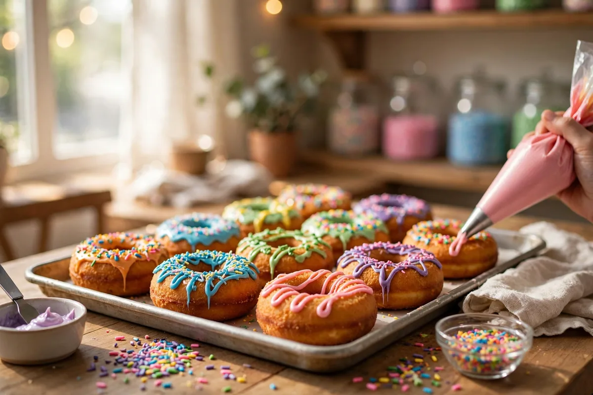 Duck Donuts calories: fresh cake donuts being decorated in a Duck Donuts shop