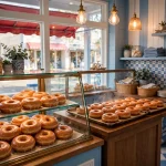 Duck Donuts locations: fresh made-to-order donuts in a shop display case