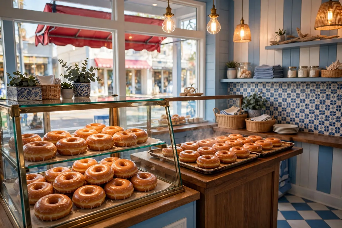 Duck Donuts locations: fresh made-to-order donuts in a shop display case