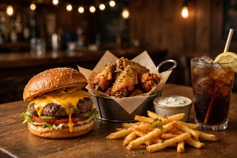 Duffys Sports Grill menu prices 2026 cheeseburger chicken wings fries sports bar table