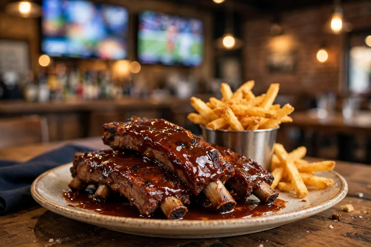 Duffys Sports Grill menu prices 2026 baby back ribs with fries at a sports restaurant