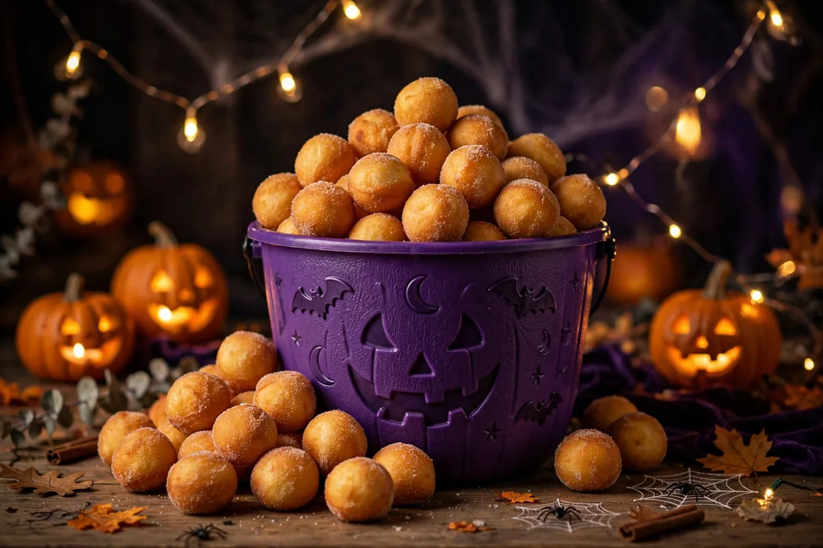 Dunkin Halloween menu deals: glow-in-the-dark purple MUNCHKINS bucket filled with donut holes
