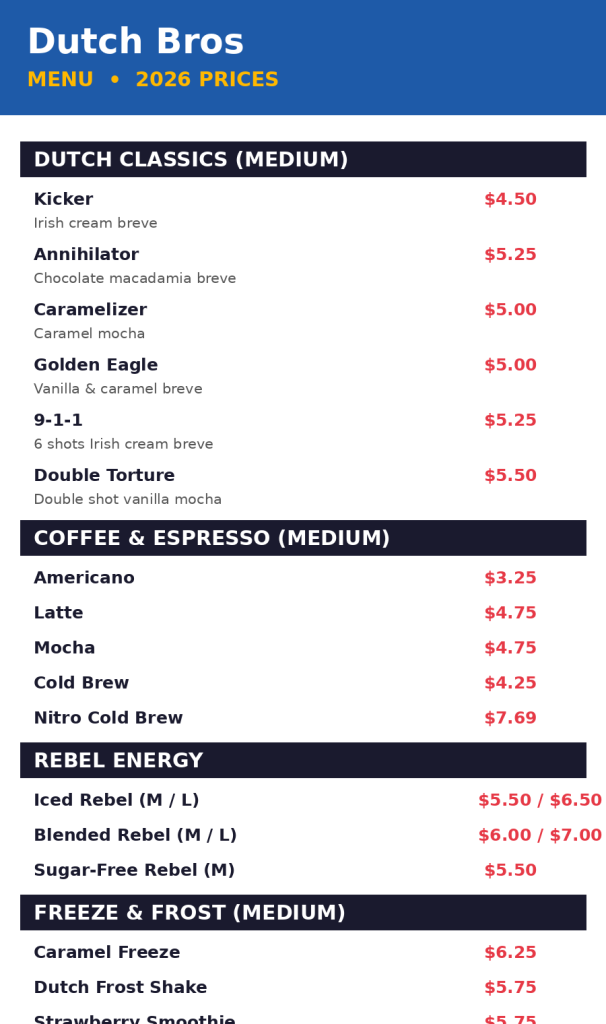 Dutch Bros menu card with prices