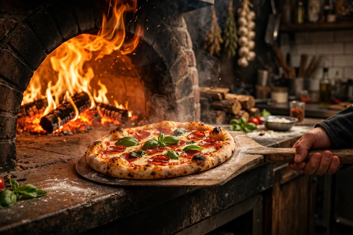 east of chicago pizza menu 2026 fresh pepperoni pizza coming out of a brick oven