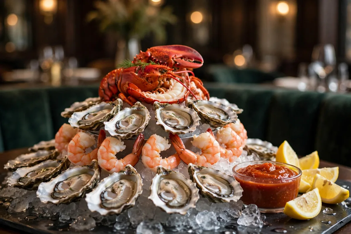 Eddie V's menu chilled seafood tower with oysters shrimp and lobster