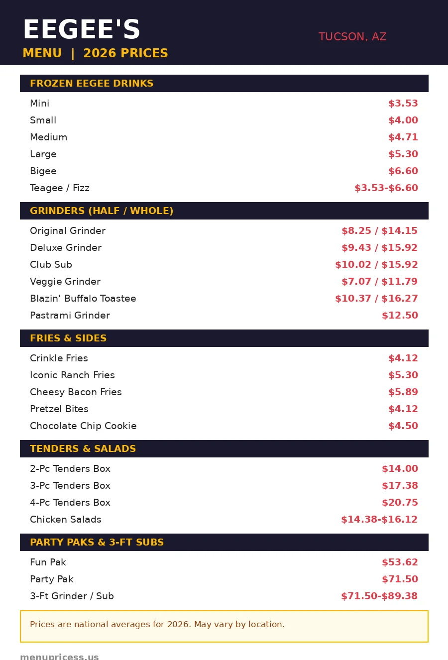 Eegee's menu card with 2026 prices: eegee drinks, grinders, subs, fries, party paks