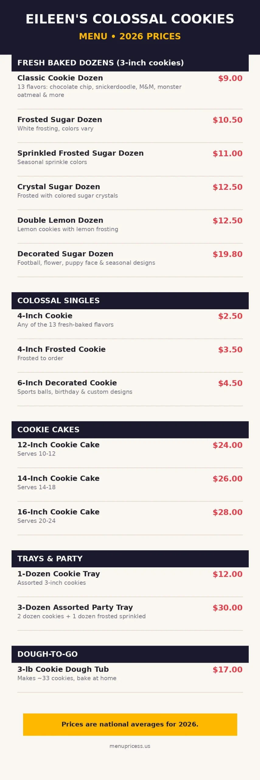 Eileens cookies menu prices 2026 menu card graphic