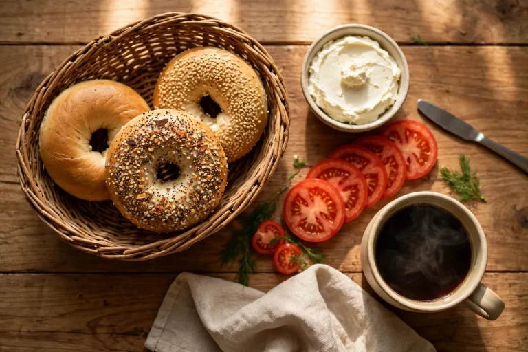Einstein Bros Bagels calories, bagels with cream cheese and coffee on a breakfast table