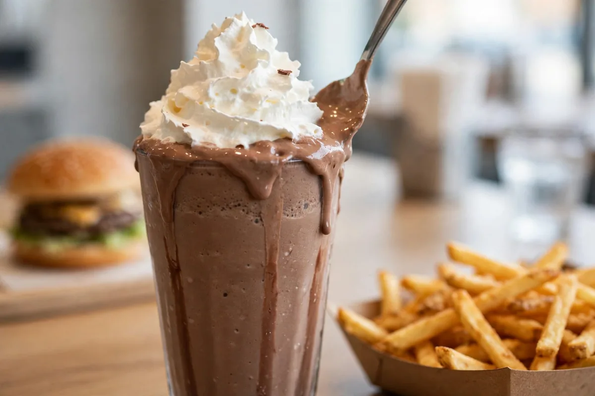 Elevation Burger shakes prices 2026 thick hand-scooped chocolate milkshake with fries