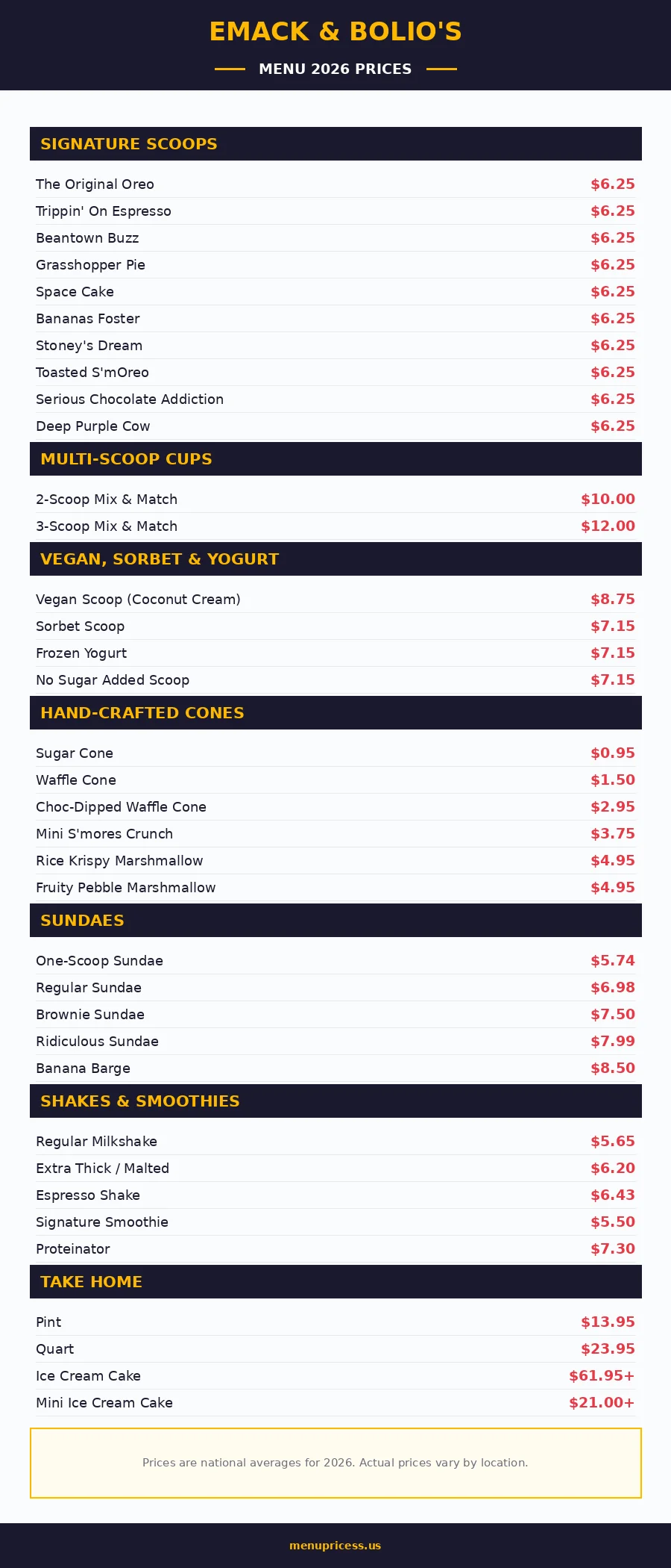 Emack and Bolios menu prices 2026 menu card with full price list