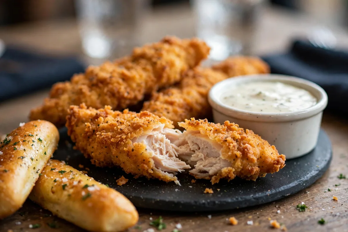 Epic Wings chicken tenderloin strips with ranch and warm breadsticks