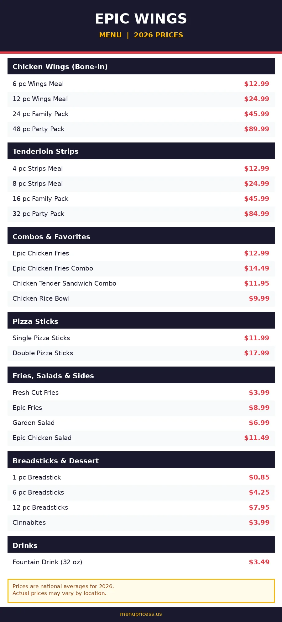 Epic Wings menu card with 2026 prices