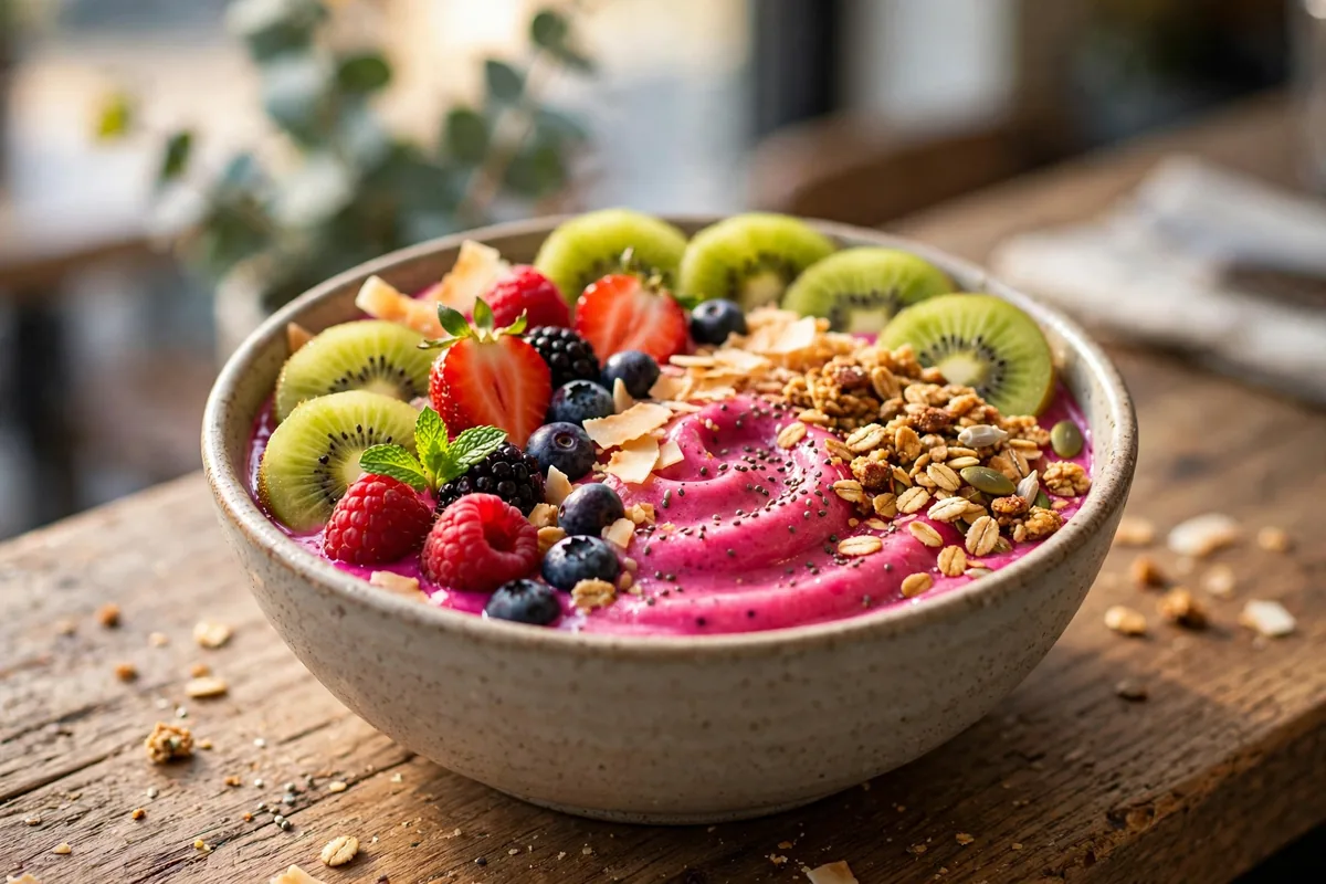 Everbowl pitaya dragon fruit bowl close-up with granola and fresh fruit