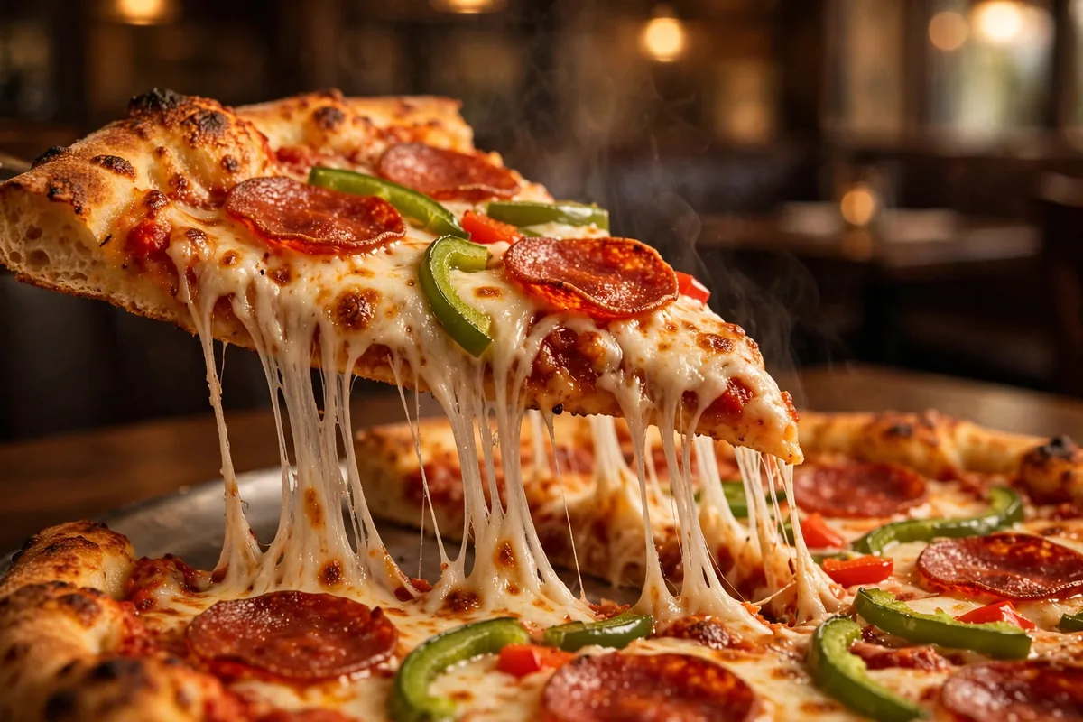 Extreme Pizza Yard Sale slice being lifted with melted cheese pull, menu prices