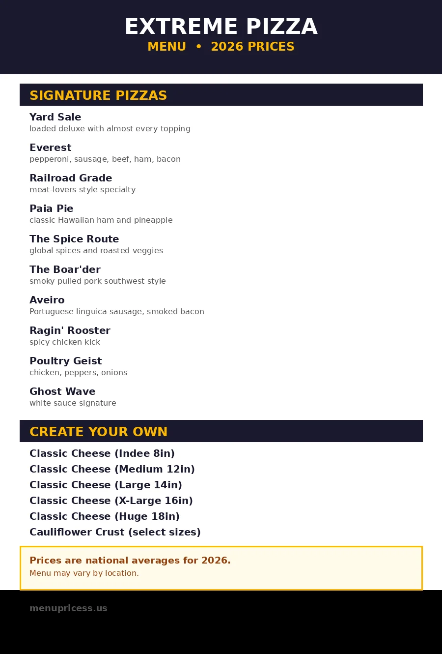 Extreme Pizza menu prices 2026 menu card with signature pizzas, starters, subs and salads
