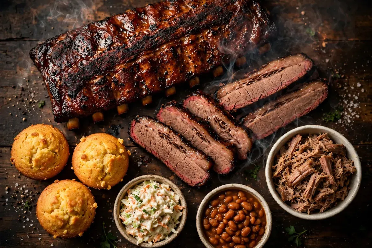 Famous Dave's menu prices 2026: smoked ribs and brisket BBQ spread