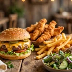 Farmer Boys calories and nutrition: cheeseburger, chicken strips, fries and side salad