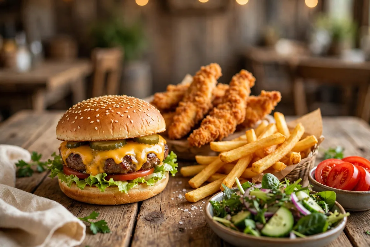 Farmer Boys calories and nutrition: cheeseburger, chicken strips, fries and side salad