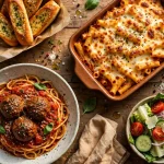 Fazoli's-style spaghetti with meatballs, baked ziti and garlic breadsticks