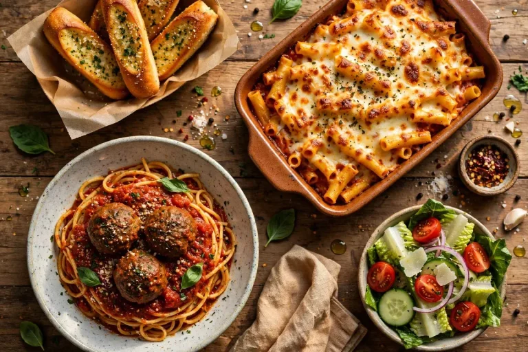 Fazoli's-style spaghetti with meatballs, baked ziti and garlic breadsticks