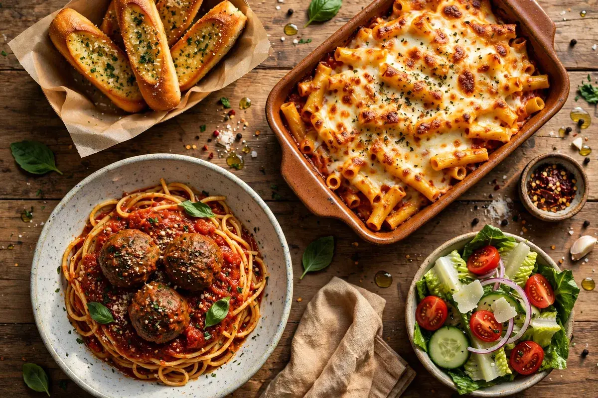 Fazoli's-style spaghetti with meatballs, baked ziti and garlic breadsticks