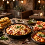 Fazoli's secret menu items: Pizza Baked Spaghetti, garlic breadsticks, pizza slice and ravioli