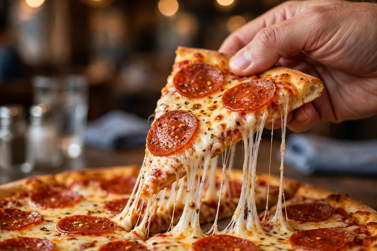 Figaros pizza menu cheesy pepperoni slice cheese pull