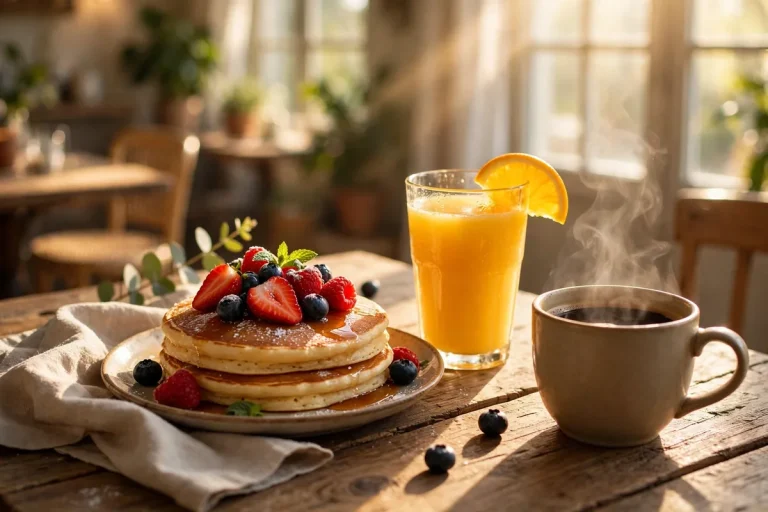 First Watch daytime cafe brunch spread with pancakes, fresh juice and coffee