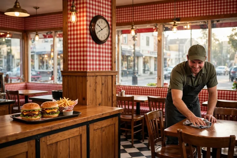 Five Guys working hours: warm-lit burger restaurant interior at opening time