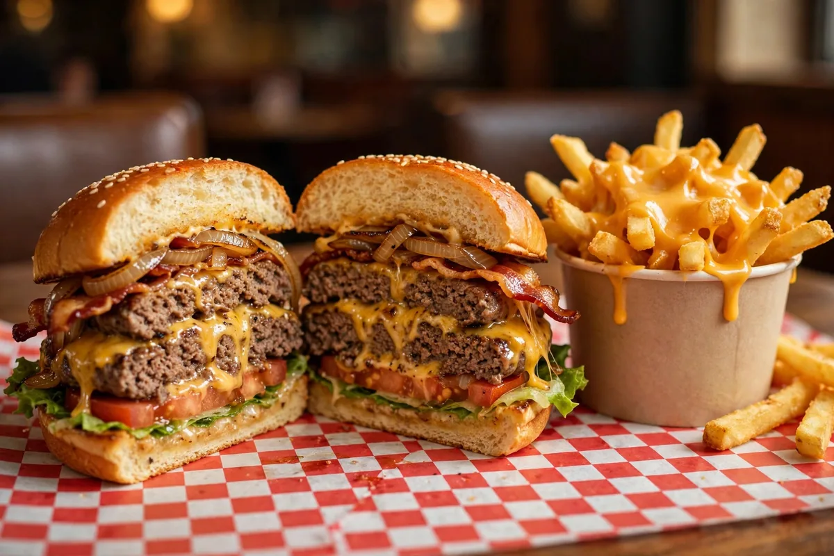 Five Guys secret menu hacks: double grilled cheeseburger with grilled onions and bacon plus loaded cheese fries.