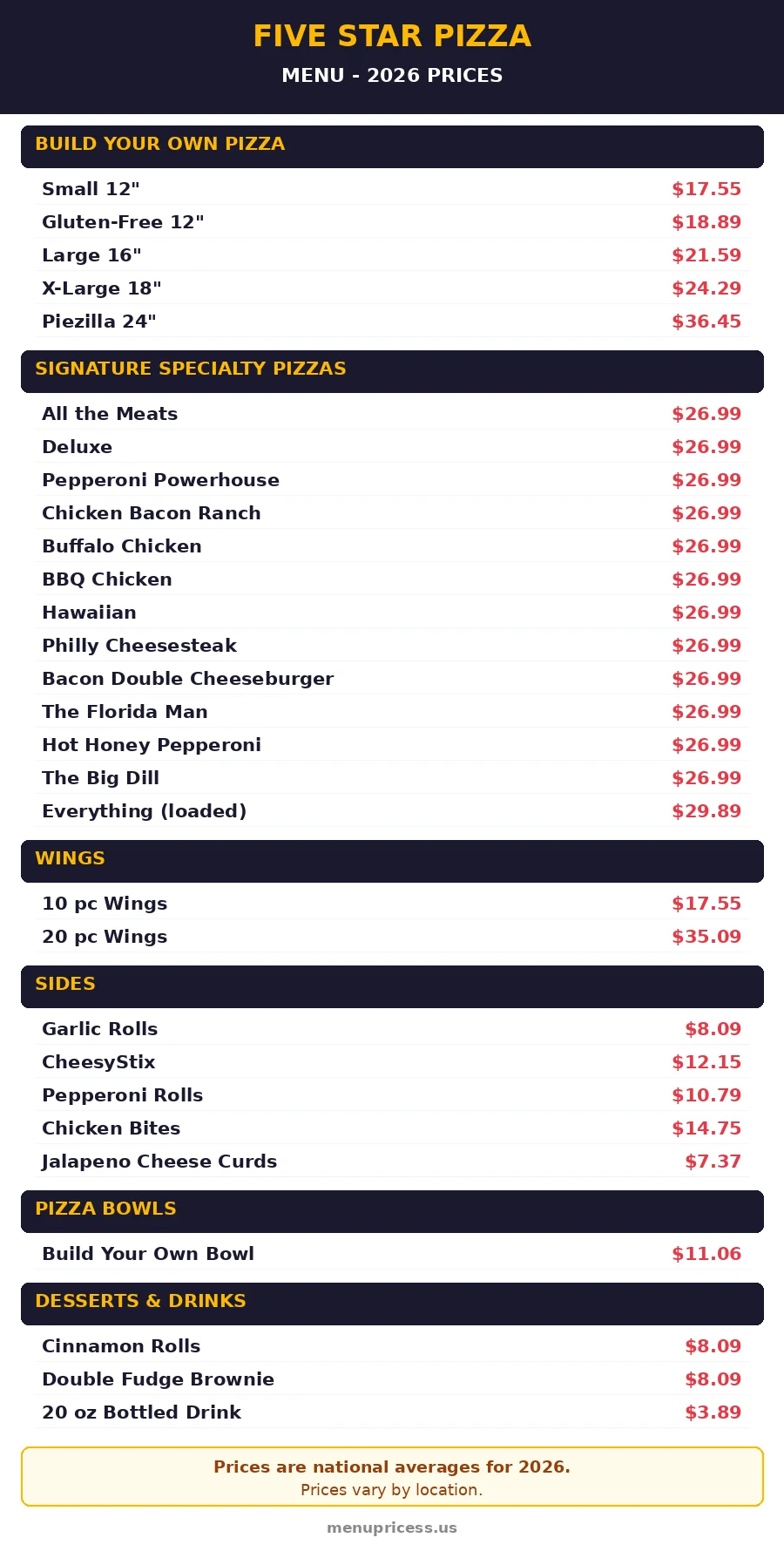 Five Star Pizza menu card with 2026 prices