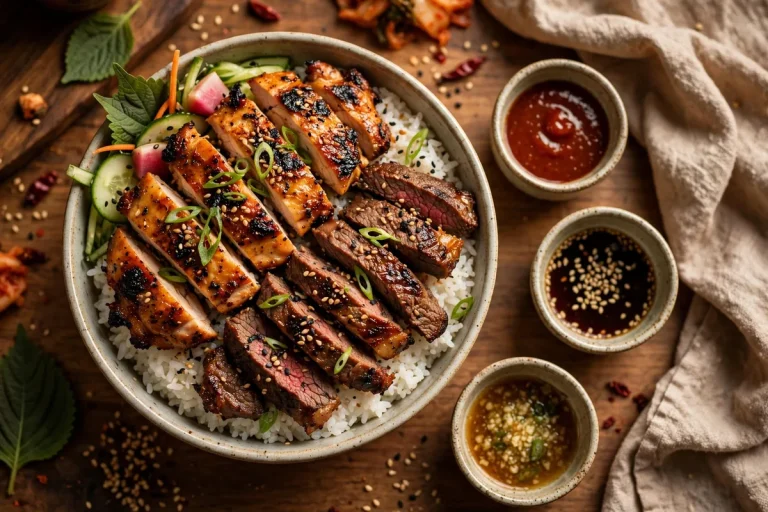 Flame Broiler menu - Korean rice bowl with charbroiled chicken and beef