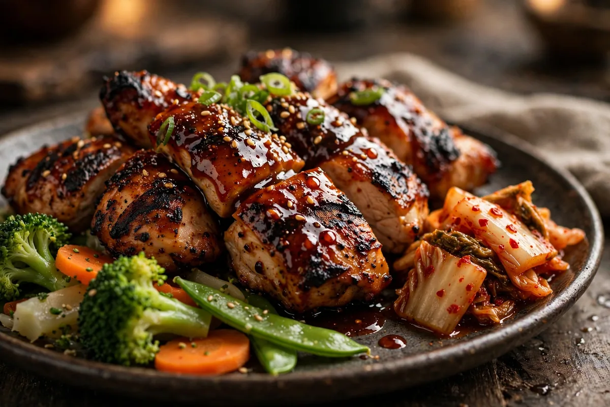 Flame Broiler charbroiled chicken bowl with kimchi and house sauces