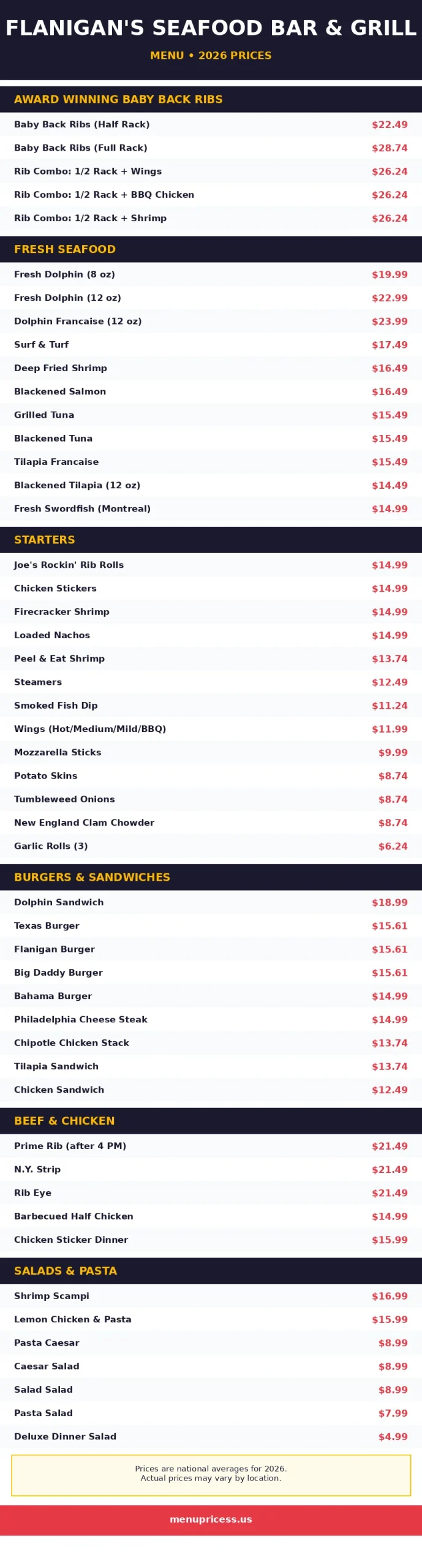 Flanigan's menu with prices 2026, full menu card
