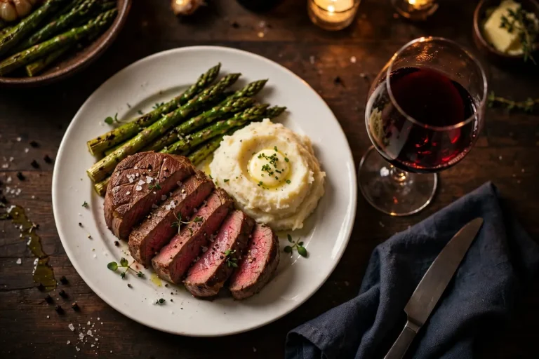Flemings prime steakhouse menu prices 2026 sliced filet mignon with asparagus mashed potatoes and red wine