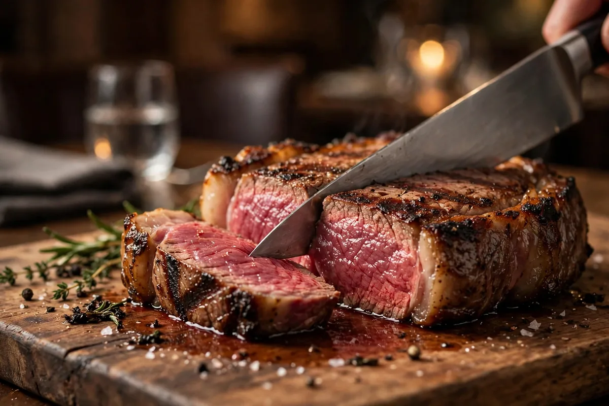 Flemings prime steakhouse menu prices 2026 sliced grilled ribeye steak close up