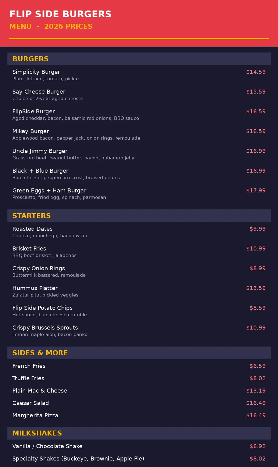 Flip Side Burgers menu card with prices