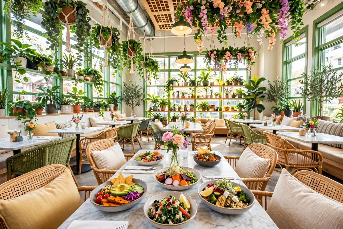 Flower Child menu 2026 prices restaurant interior with plants and colorful dishes