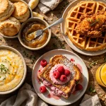flying biscuit menu 2026 southern breakfast spread with biscuits chicken and waffles