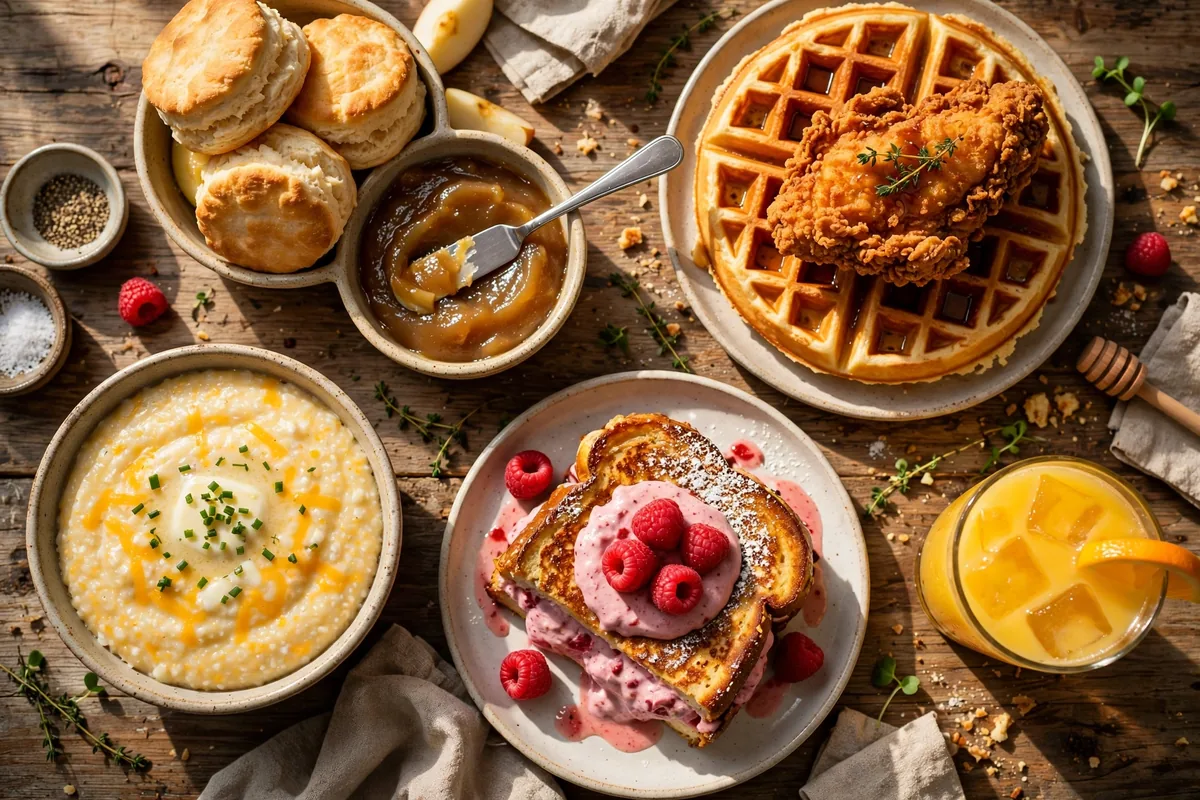 flying biscuit menu 2026 southern breakfast spread with biscuits chicken and waffles